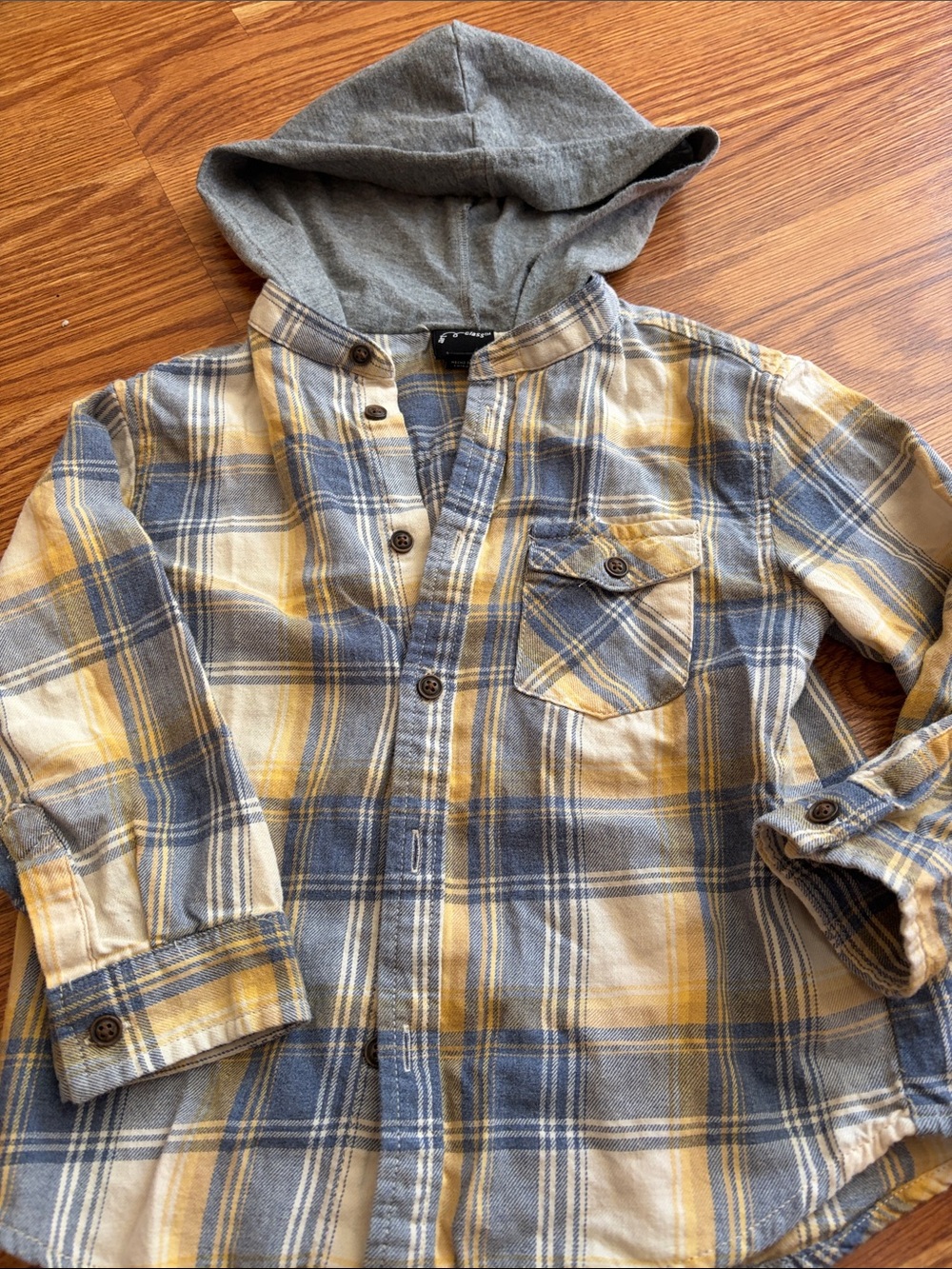 Kids Hooded Plaid Button-Up Shirt - Gray & Yellow